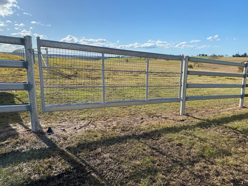 Galvanised steel post-and-rail fencing with mesh infill across a paddock